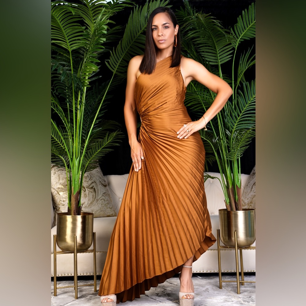 Cognac brown accordion asymmetrical dress